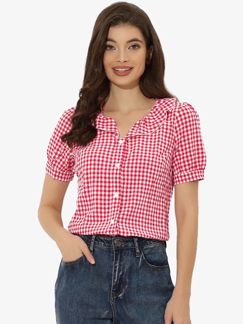 Red & White Gingham Summer Peter Pan Collar Button Up EGL Lolita Fashion Blouse